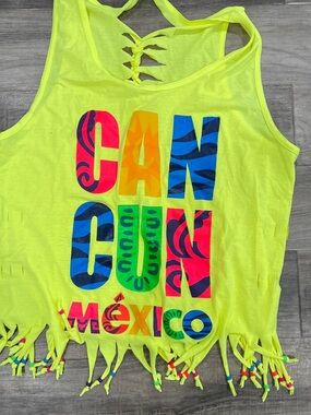 Neon Yellow 'Cancun Mexico' Girls' Fringe Tank Top